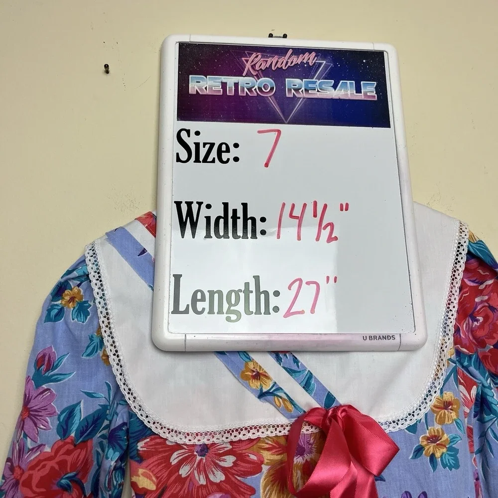 Vintage‎ Forever Florals Dress Drop Waist Bow Bib Blue Pink Flowers Girls 7
